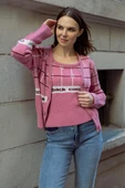 Kare Desenli Triko İkili Hırka Takım - Pembe thumbnail 2