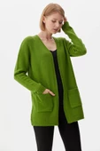 V Yaka Cepli Kadın Triko Ceket - Yeşil thumbnail 2