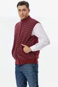 Erkek Dik Yaka Fermuarlı Cepli Triko Yelek - Bordo - Lacivert - 3