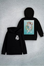 Real Madrid Futbol Takımı Ön Arka Özel Tasarım Baskılı Siyah Çocuk  Kapşonlu Sweatshirt - 1