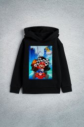 Süper Mario Kardeşler Özel Tasarım Baskılı Siyah Çocuk  Kapşonlu Sweatshirt - 1