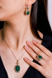 Gümüş Yeşil Zümrüt Taşlı Üçlü Otantik Bayan Set Takı - 1