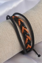 Siyah Kahverengi Örgü Model Deri Erkek Bileklik - 1