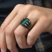 Pençeli Model Yeşil Akik Taşlı 925 Gümüş Erkek Yüzük - 6