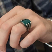 Pençeli Model Yeşil Akik Taşlı 925 Gümüş Erkek Yüzük - 12