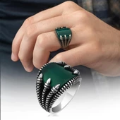 Pençeli Model Yeşil Akik Taşlı 925 Gümüş Erkek Yüzük - 1