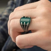 Pençeli Model Yeşil Akik Taşlı 925 Gümüş Erkek Yüzük - 5