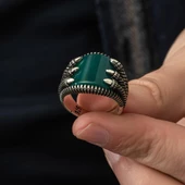 Pençeli Model Yeşil Akik Taşlı 925 Gümüş Erkek Yüzük - 7