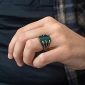 Pençeli Model Yeşil Akik Taşlı 925 Gümüş Erkek Yüzük - 3