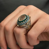 Selçuklu Motifli Kehribar Taşlı 925 Gümüş Erkek Yüzük - 11