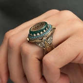 Selçuklu Motifli Kehribar Taşlı 925 Gümüş Erkek Yüzük - 9