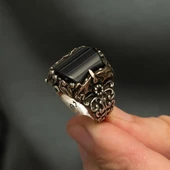 Siyah Oniks Taşlı 925 Gümüş Erkek Yüzük - 8