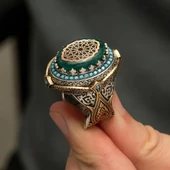 Selçuklu Motifli Kehribar Taşlı 925 Gümüş Erkek Yüzük - 5