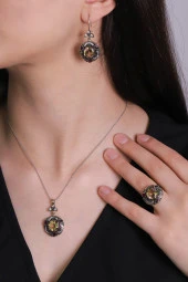 Behiye Serisi Gümüş Zultanit Taşlı Üçlü Set Otantik Takı Ayarlanabiilir Yüzük - 1