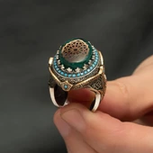 Selçuklu Motifli Kehribar Taşlı 925 Gümüş Erkek Yüzük - 4