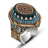 Selçuklu Motifli Kehribar Taşlı 925 Gümüş Erkek Yüzük - 3