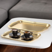 Porsima 3332 Paslanmaz Çelik Tepsi Gold -Çay Kahve İkram Sunum Servis Tepsi Seti- 2'li Dikdörtgen - 1