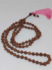 Rudraksha Tohumlu Pembe Püsküllü 108lik Ara Düğümlü El Yapımı Mala Kolye thumbnail 3