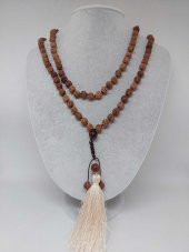 Rudraksha Tohumlu Krem Püsküllü 108lik Ara Düğümlü El Yapımı Mala Kolye thumbnail 1