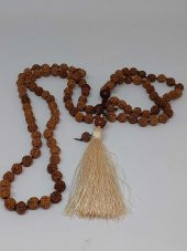 Rudraksha Tohumlu Krem Püsküllü 108lik Ara Düğümlü El Yapımı Mala Kolye thumbnail 2