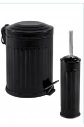 BySevil Vintage 2 Li Çöp Kovası Çöp Kutusu Banyo Seti Çizgili Model Siyah 5 Litre Ve Wc Fırçası Seti - 1