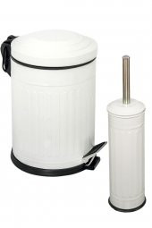 BySevil Vintage 2 Li Çöp Kovası Çöp Kutusu Banyo Seti Çizgili Model Beyaz 5 Litre Ve Wc Fırçası Seti - 1