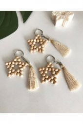 25 Adet Kişiye Özel Kartlı Püsküllü Naturel Ahşap Yıldız Anahtarlık - Kına Hediyesi - Nikah Hediyesi - 1