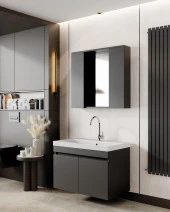 Karen Banyo Arya Banyo Dolabı Seti 80 Cm, Mat Antrasit, Lavabo Dahil,Lavabolu... - 1