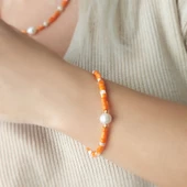 Vaoov 925 Ayar Gümüş Turuncu Sedef Taşlı İncili Bileklik thumbnail 1