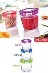 Flosoft Kilitli Derin Kare Un Bakliyat Erzak Saklama Kabı 3’lü Set (575ml,1075ml,1900ml) - 1