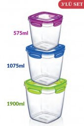 Flosoft Kilitli Derin Kare Un Bakliyat Erzak Saklama Kabı 3’lü Set (575ml,1075ml,1900ml) - 2