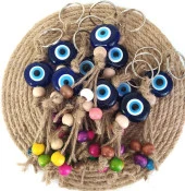 Nazar Boncuk Anahtarlık 10 Adet Kötü Göz Kovucu Nazar Hand Made Hasır Renkli Ahşap Boncuklu Nazarlı Anahtarlık - 1