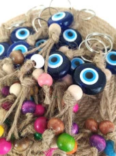 Nazar Boncuk Anahtarlık 10 Adet Kötü Göz Kovucu Nazar Hand Made Hasır Renkli Ahşap Boncuklu Nazarlı Anahtarlık - 3