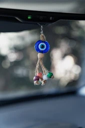 Nazar Boncuk Anahtarlık 10 Adet Kötü Göz Kovucu Nazar Hand Made Hasır Renkli Ahşap Boncuklu Nazarlı Anahtarlık - 4