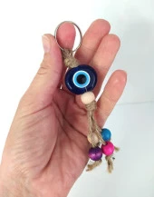 Nazar Boncuk Anahtarlık 10 Adet Kötü Göz Kovucu Nazar Hand Made Hasır Renkli Ahşap Boncuklu Nazarlı Anahtarlık - 5