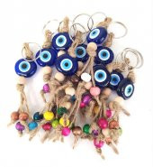 Nazar Boncuk Anahtarlık 20 Adet Kötü Göz Kovucu Nazar Hand Made Hasır Renkli Ahşap Boncuklu Nazarlı Anahtarlık thumbnail 3