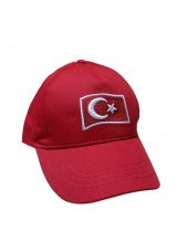 Türk Bayrak Nakışlı Kırmızı Kep Şapka - 1