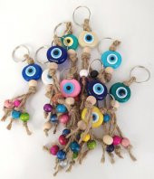 Nazar Boncuk Anahtarlık 20 Adet Karışık Renkli Kötü Göz Kovucu Nazar Hand Made Hasır Renkli Ahşap Boncuklu Nazarlı Anahtarlık - 1