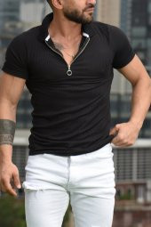 Erkek Fermuarlı Full Likralı Polo Yaka Reguler Fit T-shirt - 3