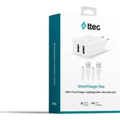 Ttec Smartcharger Duo 2.4A Seyahat Sarj Aleti Cift Usb+ Lightning ve Micro Kablo Beyaz 2SCS21DB - 1
