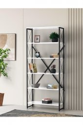 Erezoğulları Mobilya Ferforje Beyaz Ahşap 5 Raflı Kitaplık 80x30x180 - 1