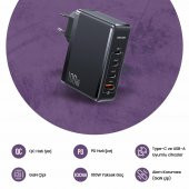 Usams US-CC163 T50 100W QC+PD 4 Port (3Type-C+1USB) GaN Hızlı Şarj Başlığı-Siyah - 5