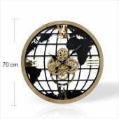 Dev Büyük Gerçek Ahşap 70cm Dönen Çark Mekanizmalı Dünya Haritası Salon Ofis Resepsiyon Duvar Saati thumbnail 2