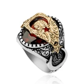 Gümüş Kırmızı Fasetli Taşlı Ay Yıldız Erkek Yüzük SL3602 thumbnail 4