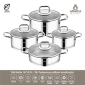 Diamond Strainer Paslanmaz Çelik Cam Kapaklı 8 Parça Tencere Seti - 2