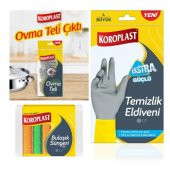 Koroplast temizlik eldiveni ekstra güçlü L büyük boy 5 li oluklu sünger yeni ovma teli - 1