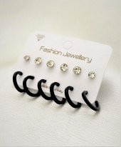 SİYAH 12 MM 3 ÇİFT HALKA VE 3 ÇİFT 5 MM TEK TAŞ KÜPE TOPLAM 6 ÇİFT KOMBİN KÜPE ÇOKLU KÜPE-KK171 - 3