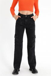 Yüksek Bel Kargo Cep Pantolon - Siyah - 4