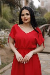 V Yaka Aerobin Kumaş Kol Detaylı Yazlık Elbise - 3
