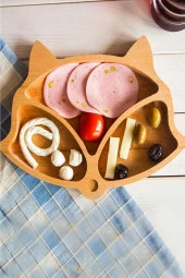 Ahşap Doğal Sevimli Tilki Kase Servis Tabağı Kahvaltı Tabağı - 1